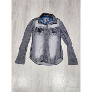 Affliction Black Premium Grey Denim Button Up Shirt Women’s Small Distressed